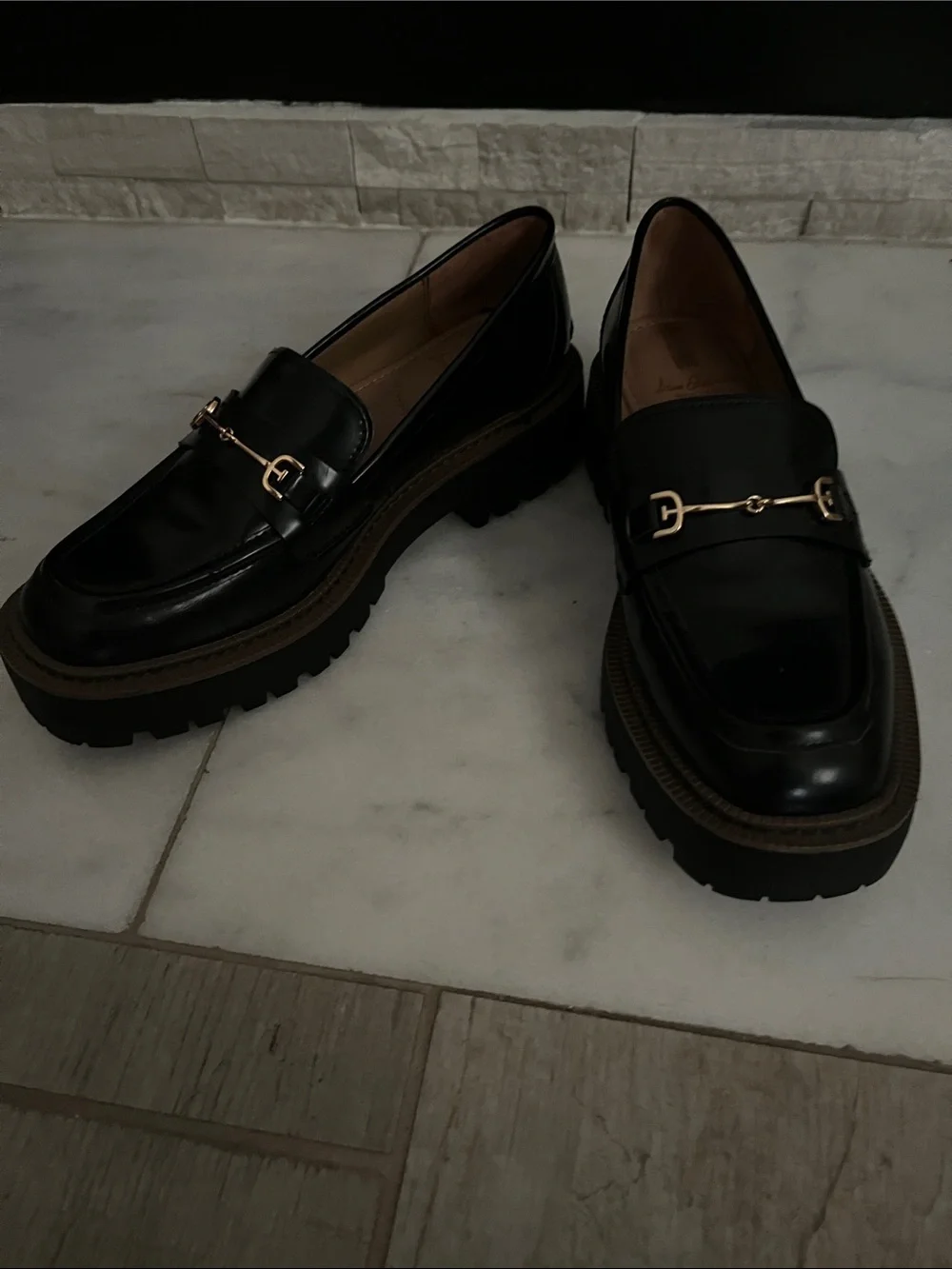 Sam Edelman Black Leather Bit Loafers with Gold Hardware women shoes
